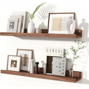 Fun Memories Picture Ledge Shelves Set of 2, 24 Inch Rustic Wall Mounted Floating Shelves with Lip for Home Storage and Dcor in Bathroom, Kitchen, Nursery, Bedroom, Living Room, Walnut (24inch)