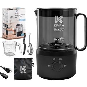 KIVRA Milk Frother and Steamer 350ml | 4 Mode cold foam maker for Hot and Cold Drinks | Durable Non Stick Milk Frother for Coffee Lovers Includes 1x Whisk, Measuring Cup, String Bag & Brush