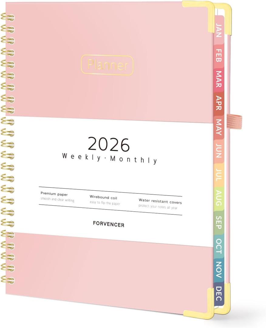 Forvencer 2026 Planner, Hardcover Calendar Planner Weekly and Monthly, Jan 2026 - Dec 2026, 6" x 8", Spiral Agenda Book with Tabs, Exquisite Daily Journal Organizer for Home School, Pink