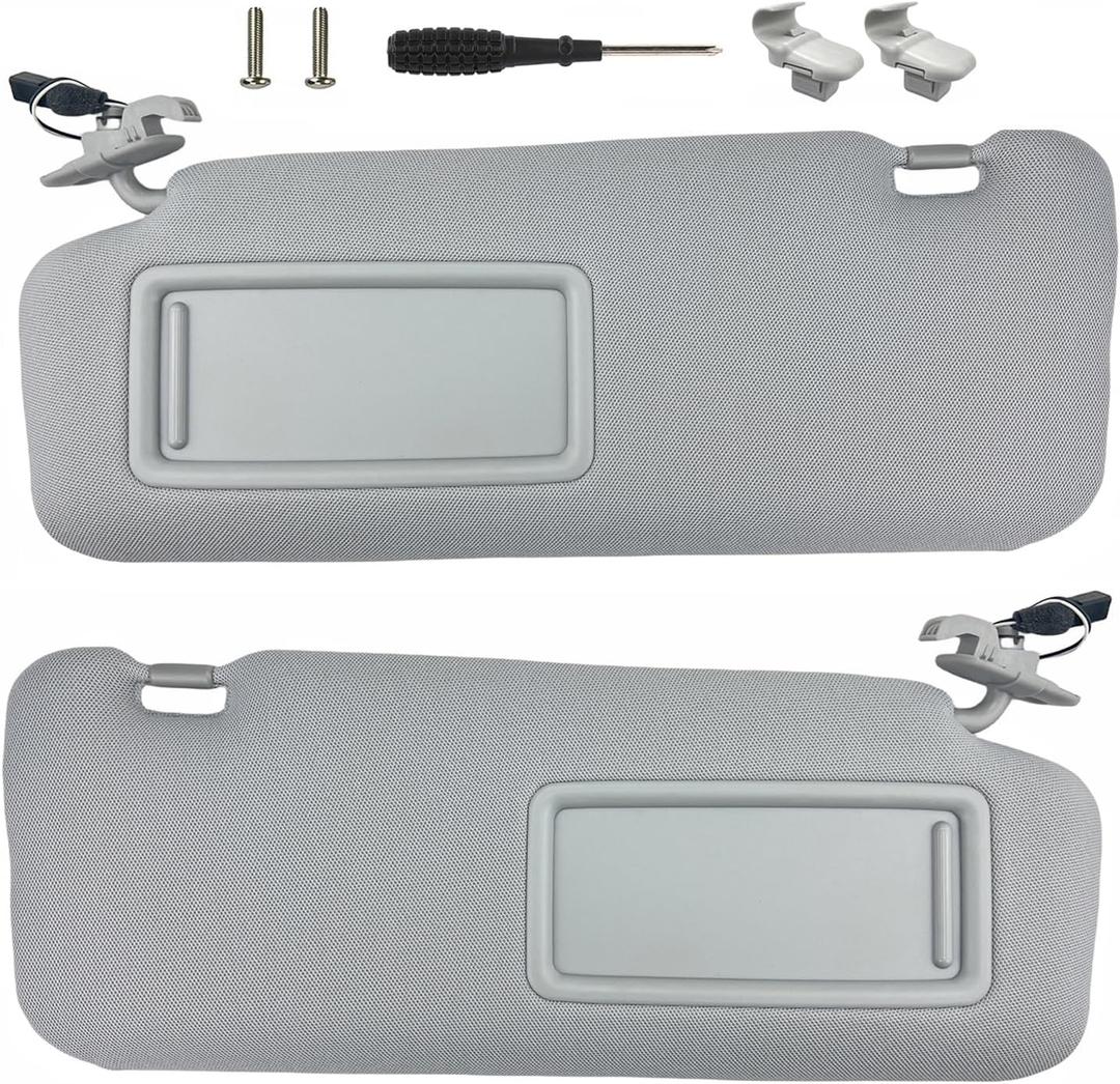 Sun Visor Pair Compatible with 2010-2015 Mazda CX-9 (Illuminated) - Driver & Passenger Side Replacement Kit w/Clips, Screws, Manual- Replaces TD11-69-320C-75(Color Gray)