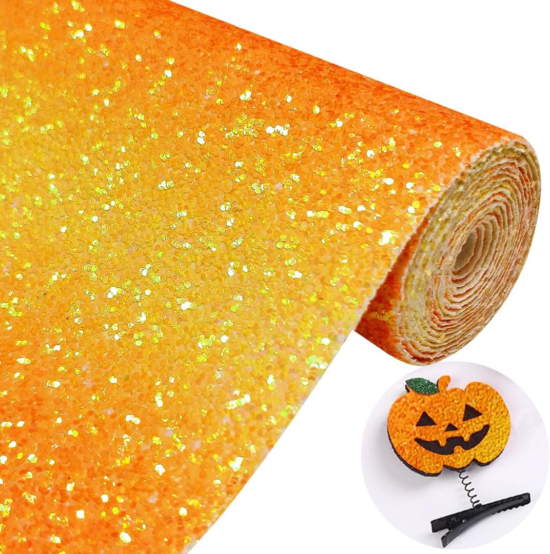 Yellow Orange Gradient Chunky Glitter Faux Leather Roll 12 x 52 Inch, Sparkly Autumn Halloween Collection Fabric for DIY Bows, Crafts, Accessories (Yellow-Orange)