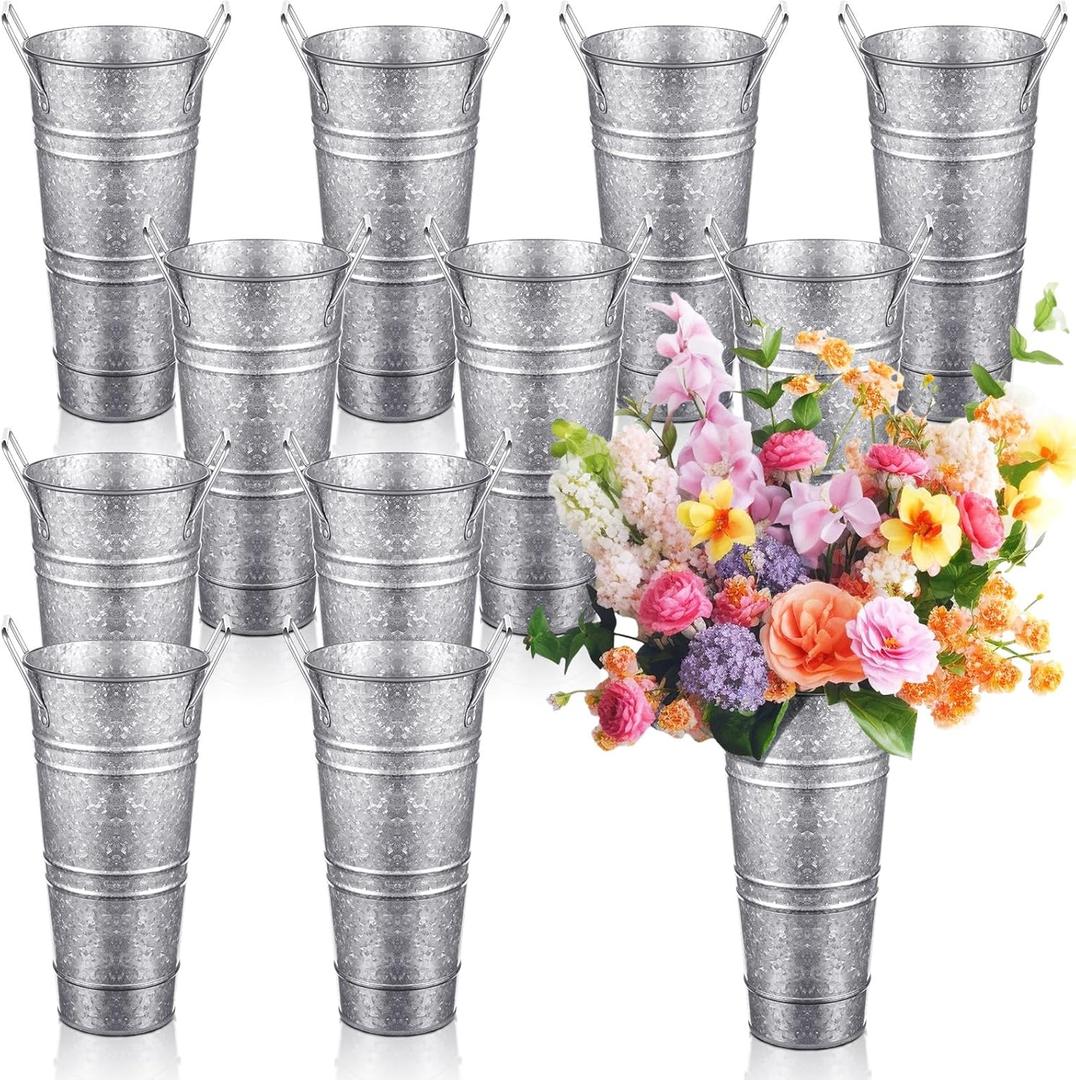 Zhehao 12 PCS 12 Inch Galvanized Metal Vase with Handles Bulk Tin Flower Buckets Galvanized Vases for Flowers Country Wedding Table Centerpieces Metal Flower Buckets for Wedding Home(Matte Silver)