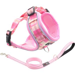THAIN Reflective Dog Vest Harness & Leash Set – No-Pull Design, Adjustable & Comfortable for Small Dogs (S, Pink Plaid)