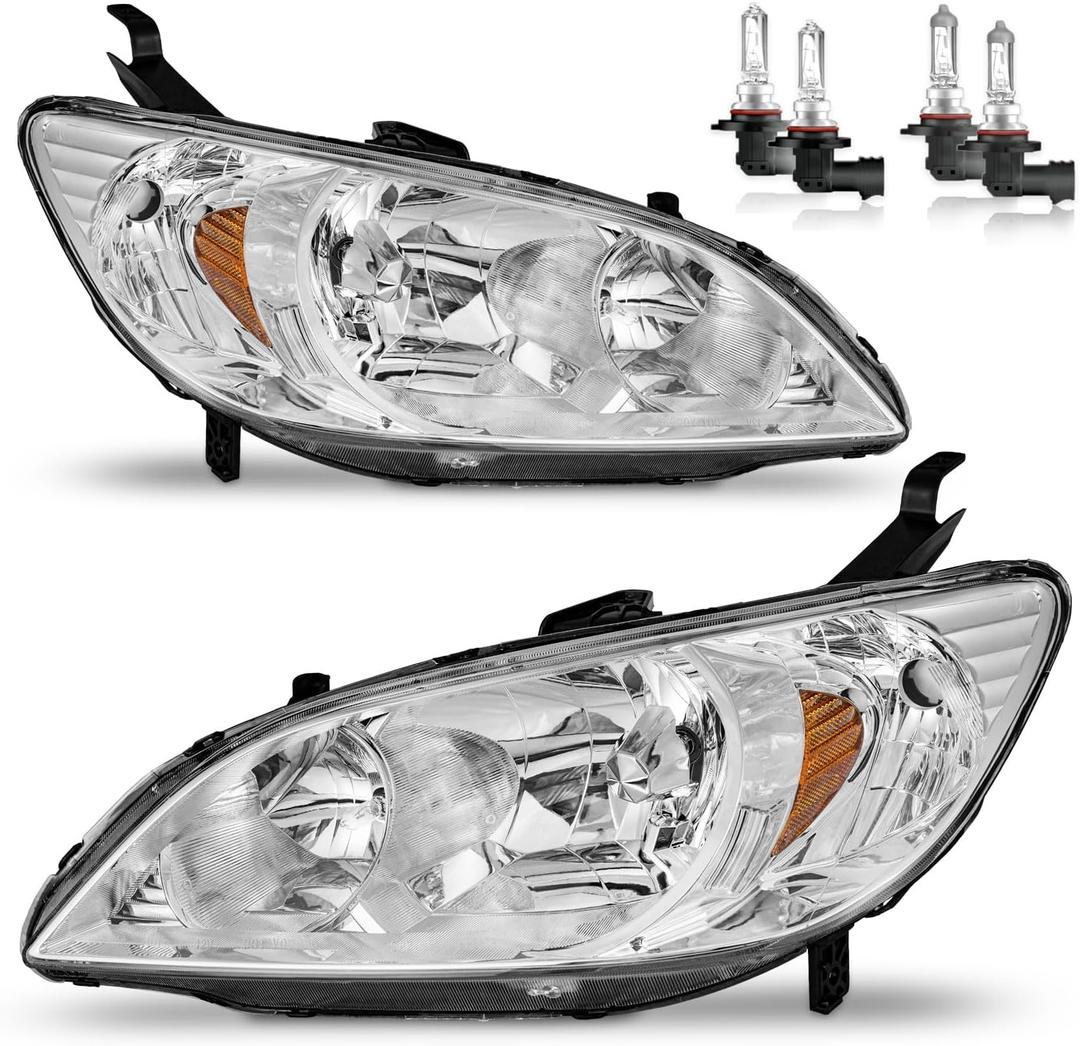 Headlights W/Bulbs for 2004 2005 Honda Civic 2/4Door Halogen Headlamp Replacement Driver & Passenger Side