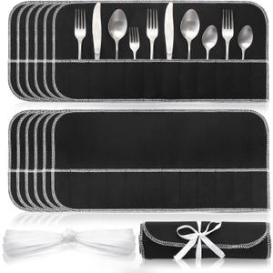 Tebery 12 Pcs Silver Storage Bags Anti Tarnish, Silverware Storage Cloth Roll with White Ribbon, 12 Slot Flatware Protector Organizer, Cutlery Sleeves Bags for Kitchen Utensil Teaspoon, Stiff Fabric