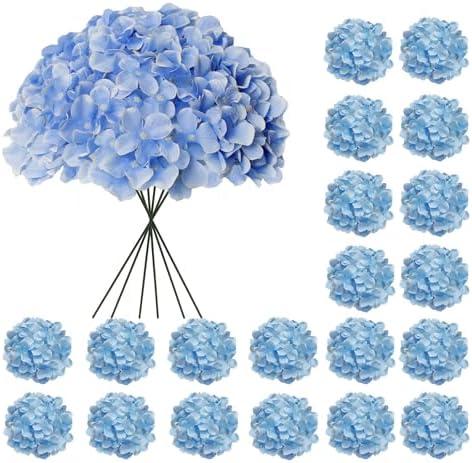 Cherica 20 Pcs Blue Hydrangea Artificial Flowers Bulk, Faux Hydrangea Flowers Heads, Artificial Fake Silk Hydrangea Flowers with Stems, Blue Flowers Artificial for Decoration Wedding Décor