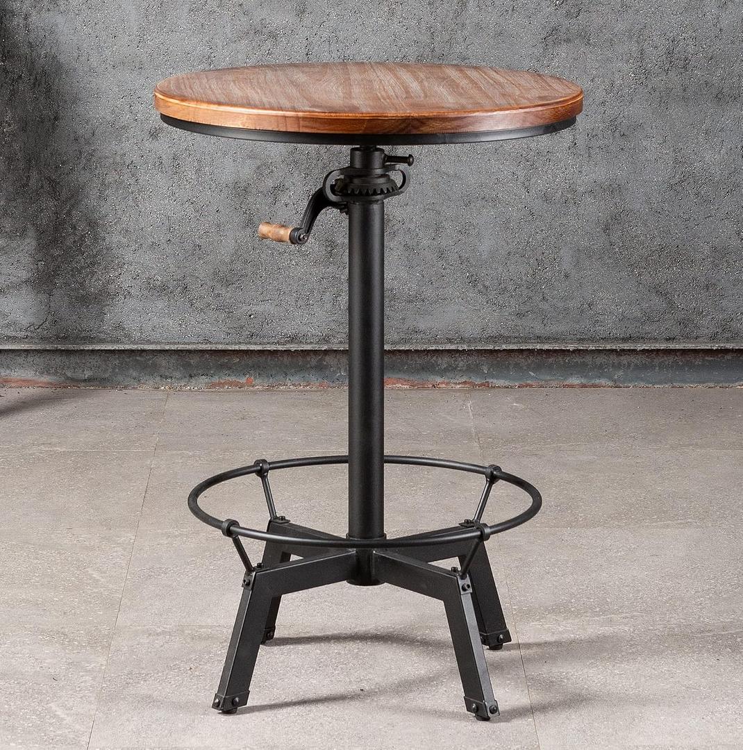 33.5-39.4 Inch Tall Industrial Bar Table-Adjustable Bar Height Bistro Whiskey Pub Table-23.7" Dia Swivel Round Wood Top Metal Base-Easily Adjusts by Crank Handle, H:34"-40"