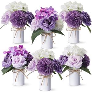 Zeyune 6 Sets Artificial Spring Centerpiece for Tables Fake Purple Plants with Galvanized Pots Farmhouse Purple Flowers Bouquet for Wedding Home Office Rustic Decor