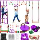 Ninja Warrior Obstacle Course for Kids-Slackline 52ft with 9 Accessries,Awing Seat,Climbing Net,Monkey Bar -Obstacle Course Outdoor-Playset Equipment for Girls & Boys (Purple)