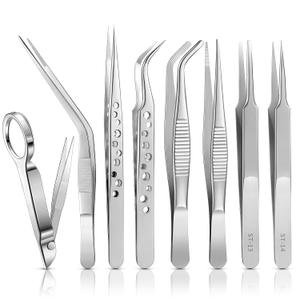 8 Pcs Tweezers Set Stainless Steel Tweezers Forceps with Magnifying Glass Straight Fine Point Forceps Curved Round Flat Tip Tweezers 9 Holes Straight Curved Tip Tweezers for Beauty Craft (Simple)