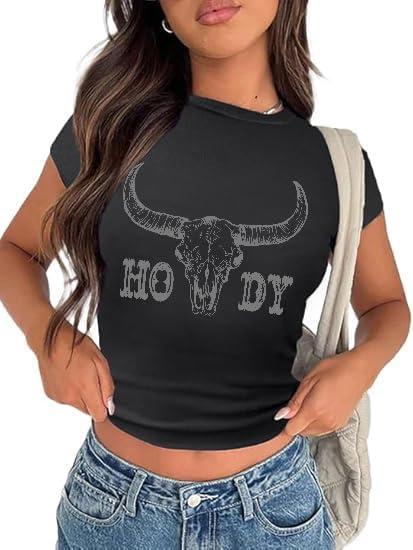 Cowgirl Outfits for Women Crop Tops for Teen Girl Y2k Clothes Cowboy Country Concert Graphic Tee Tops (X-Large, Black)