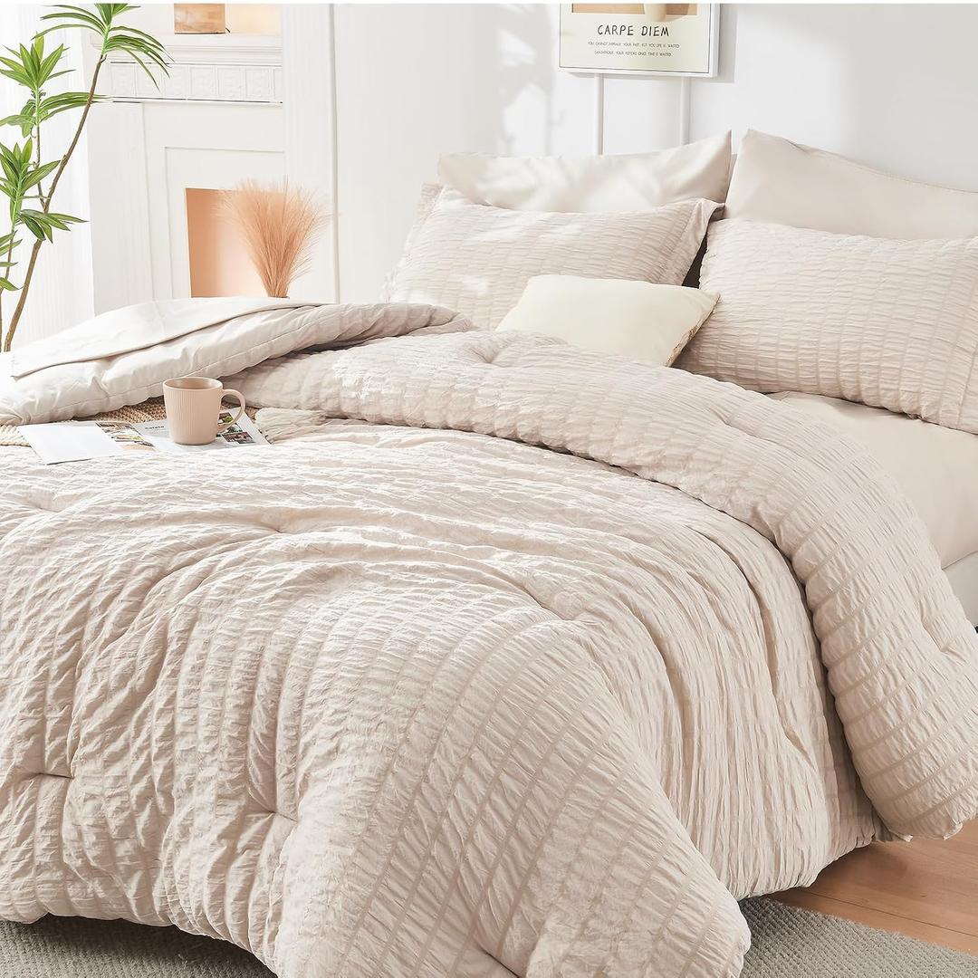 Queen Comforter Set - 7PCS Bed in a Bag, Seersucker Bedding Set, Beige