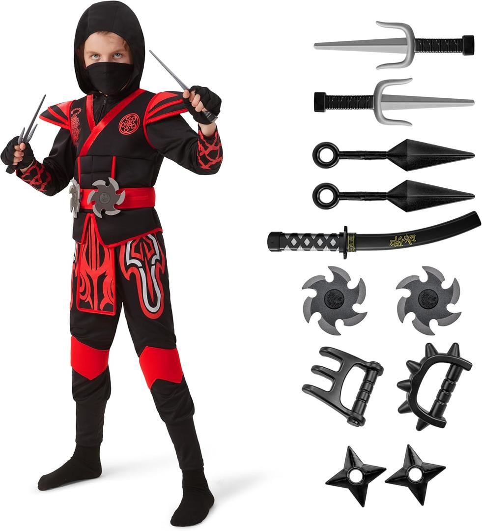 Spooktacular Creations Red Ninja Costume for Kids, Boys Halloween Dress Up Party, Ninja Role Playing (Medium (8-10yr))