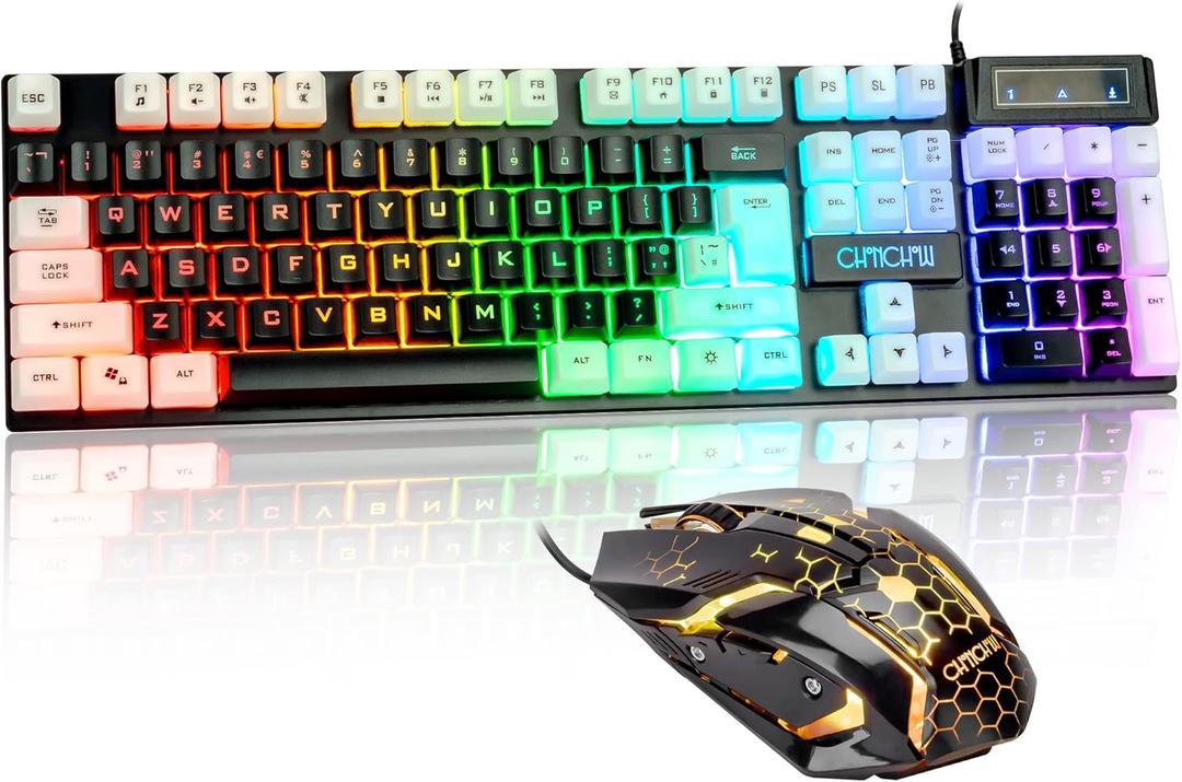 CHONCHOW Light Up Keyboard and Mouse Combo, Full Size RGB Gaming LED Keyboard and Rainbow Wired Gaming Mouse for PS4 PS5 Xbox One Computer Desktop PC Gamer Office (Main Black)