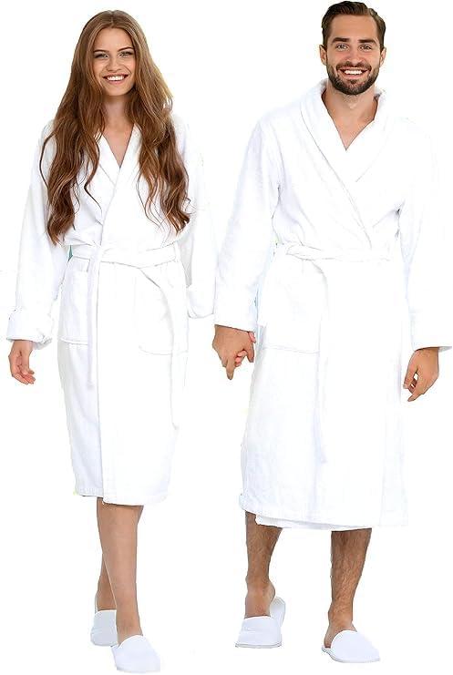 BIOLINEN 100% Cotton Terry Shawl Collar Bathrobe with Slippers (One Size, White)