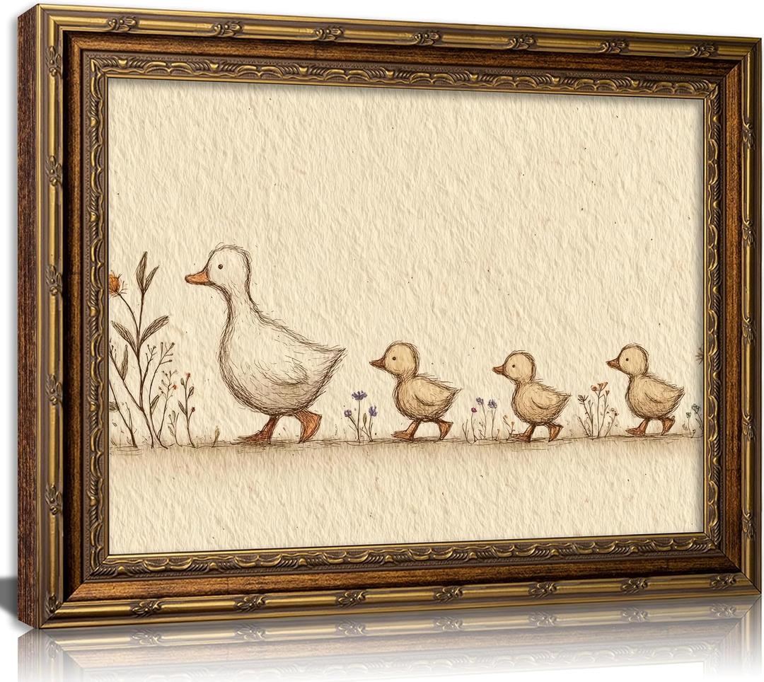 Vintage Gold Framed Nursery Duck Canvas Wall Art,Farmhouse Funny Whimsical Animal Painting Picture Wall Decor,Rustic Cute Mother Duck and Ducklings Poster Print Artwork,for Girls Children Room