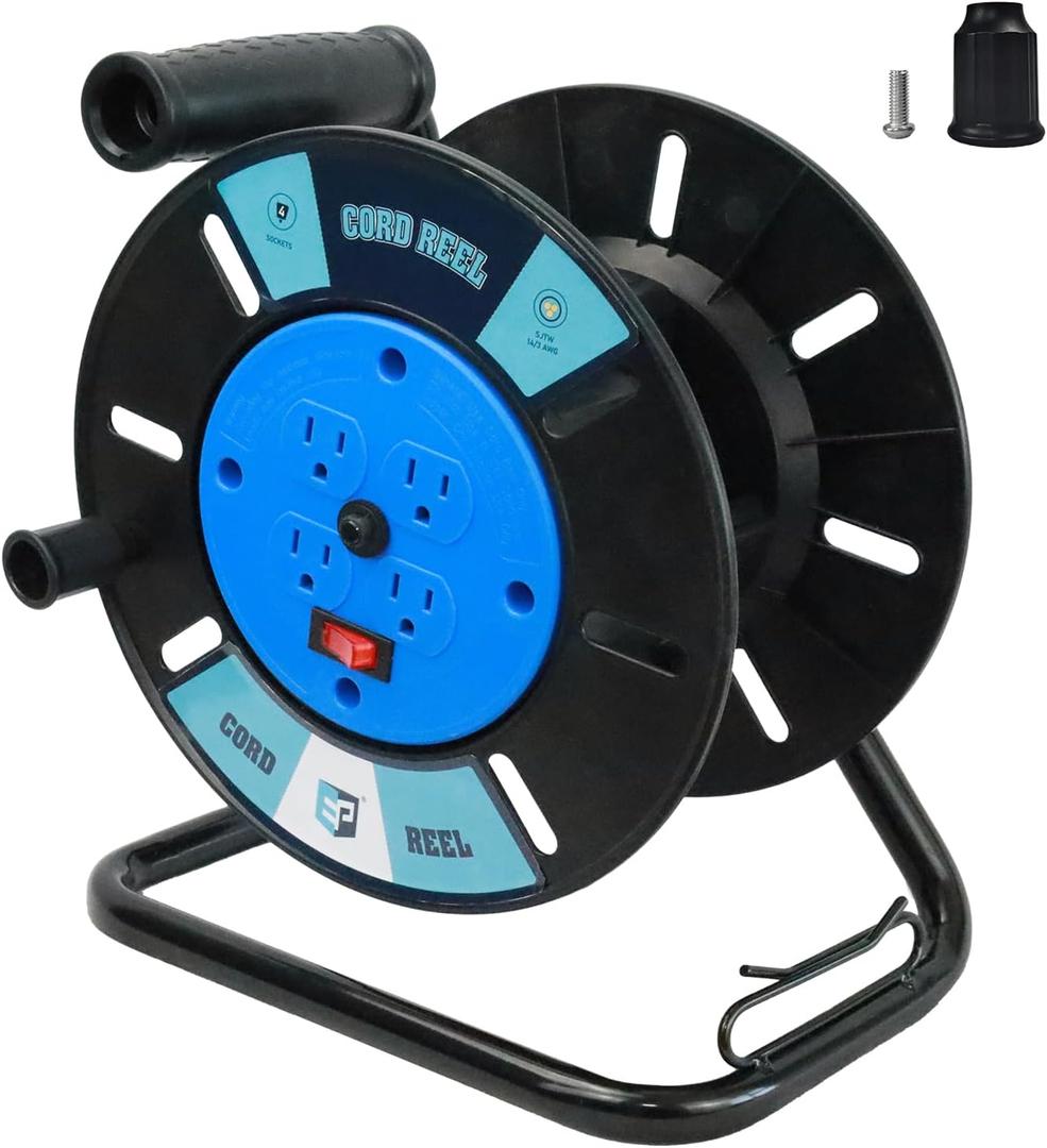 EP Extension Cord Storage Reel with 4-Grounded Outlets, Heavy Duty Open Cord Reel for 12/3 14/3 16/3 Power Cords, Portable Empty Hand Crank Electric Cord Roller Holder, Blue