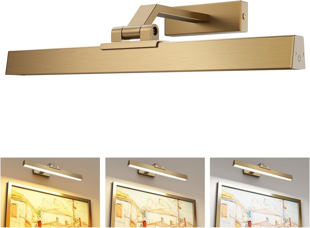 Picture Lights for Wall, Brass Battery Operated Picture Light 16in Art Light CCT Dimmable Recharging Battery Wall Light with Remote Control for Living Room Gallery