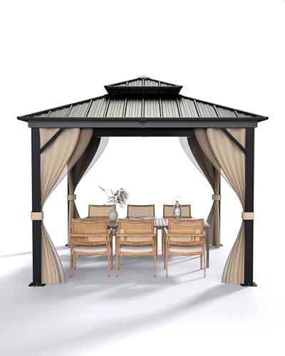 GarveeLife 10 ft x10 ft Hardtop Gazebo for All Weather, with Double Metal Roof, Aluminum Alloy Frame, Net, and Curtain, Permanent Building for Patio, Deck, Backyard, Lawn, and Garden