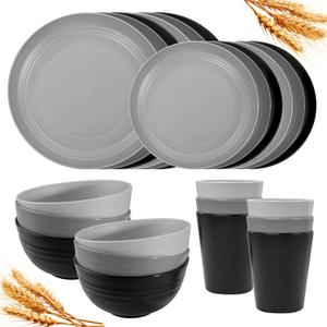Rubtlamp 24Pcs Kitchen Plastic Wheat Straw Dinnerware Set,Dinnerware Sets for 6,Microwave Dishwasher Safe Plates, Unbreakable Reusable Plastic Wheat Straw Bowls & Plate for Camping (Gray, Light gray, Black)
