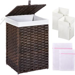Greenstell Laundry Hamper with Lid, 60L Clothes Hamper with 2 Removable Liner Bags & 2 Mesh Laundry Bags, Handwoven Synthetic Rattan Laundry Basket for Clothes, Toys in Bathroom, Bedroom Brown (60L (13.4 x 13.4 x 21.7 inches))