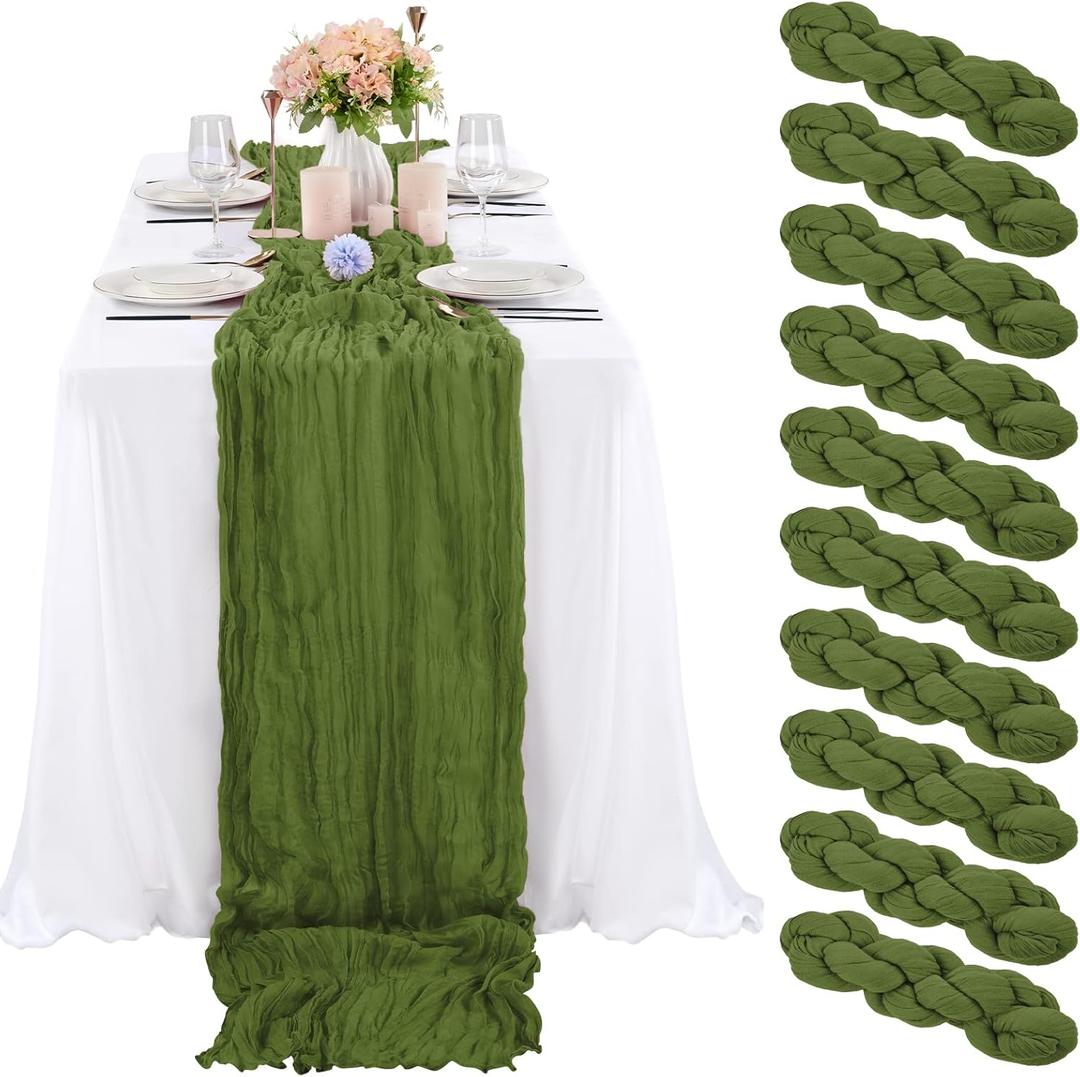 10 Pcs Olive Green Cheesecloth Table Runner 10FT, Gauze Table Runner for Wedding Reception Sheer Bridal Shower Birthday Party Boho Table Decoration, Rustic Romantic Wedding Runner
