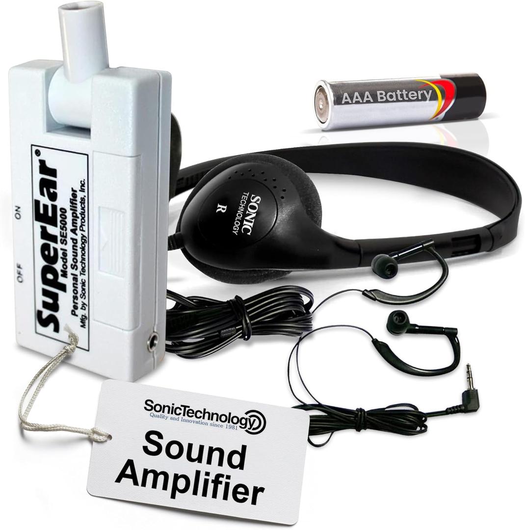SuperEar Personal Sound Amplifier Model SE5000 (PSAP), 50dB Gain, Hand Held Pocket Size Audio Amplifier with Headphones, EarBuds, Tactile On/Off Volume Control for Adults, Audiologists, and Seniors