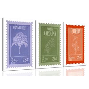 3 Piece Vintage US State Floral Stamp Canvas Wall Art Set of 3 12x16