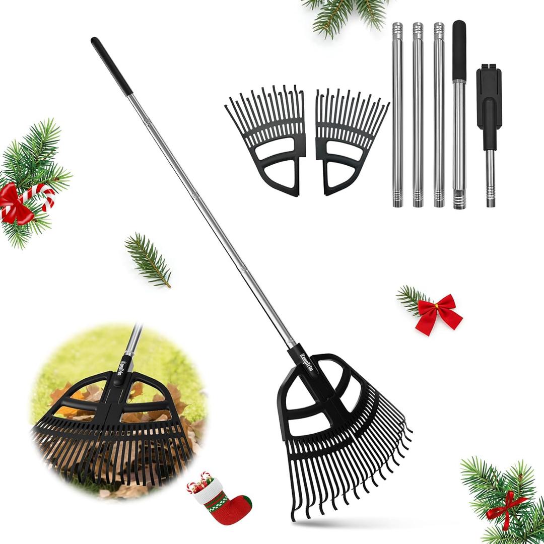 Adjustable Leaf Rake 30-65 Inch  30 Tines Garden Rakes with Non-Slip Handle&Quick-Detach Head Lightweight Yard Rake for Wet Leaves, Pine Needles, Gravel (Black)