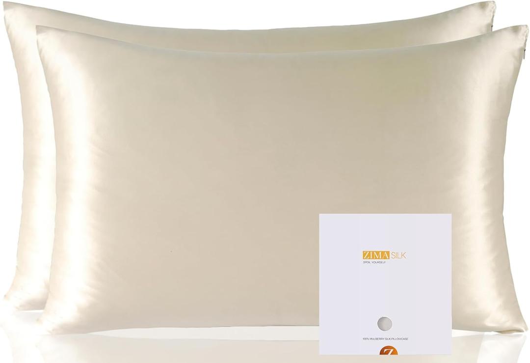 ZIMASILK 100% Pure Mulberry Silk Pillowcase 2 Pack, Soft and Smooth,Both Sides Premium Grade 6A Silk,600 Thread Count,with Hidden Zipper (Queen 20''x30'',Beige)
