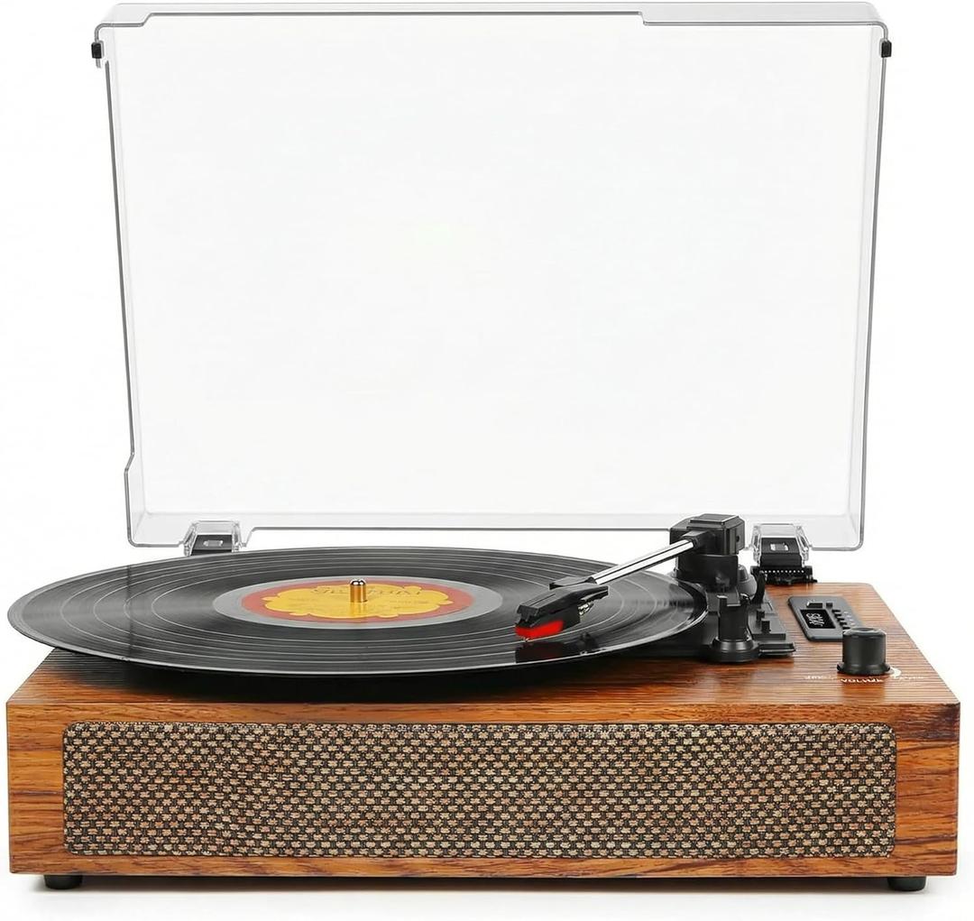 Vinyl Record Player with Built-in Bluetooth, USB Recording, Stereo Speakers, Belt-Driven Vintage Record Player 3 Speeds & 3 Sizes, Portable, AUX Input LP Player (Brown)