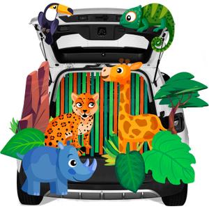 2 x JOYIN Halloween Trunk or Treat Decorations Kit Jungle Theme with Rhinoceros, Giraffe, Parrot, Chameleon, Cheetah, etc Zoo Animal Car Decorations Kit for Outdoor SUV Garage Archway Door House