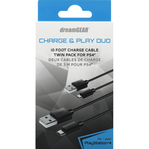 10 Foot Charge Cable DreamGEAR PS4 Charge And Play Cable - 10-Foot Long Charging Cord For DualShock 4 Controller Gaming Accessory Cable, 2 Pack