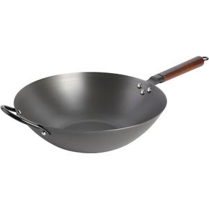 Babish Carbon Steel Wok 14 Inch Flat Bottom Stir Fry Pan Durable Heavy Duty Cookware for High Heat Cooking Stir Fry Sauting Frying Compatible with Gas Electric and Induction Stovetops
