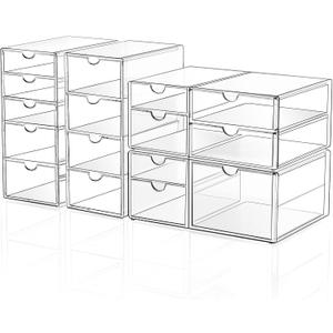 Makeup Drawer Storage Organizer with 16 Drawers, 4 Set Acrylic Office Desk Organization and Storage, Dustproof Drawer Organizer for Makeup, Office, Countertop, Jewelry, Pen, Desktop, Bathroom, Bedroom