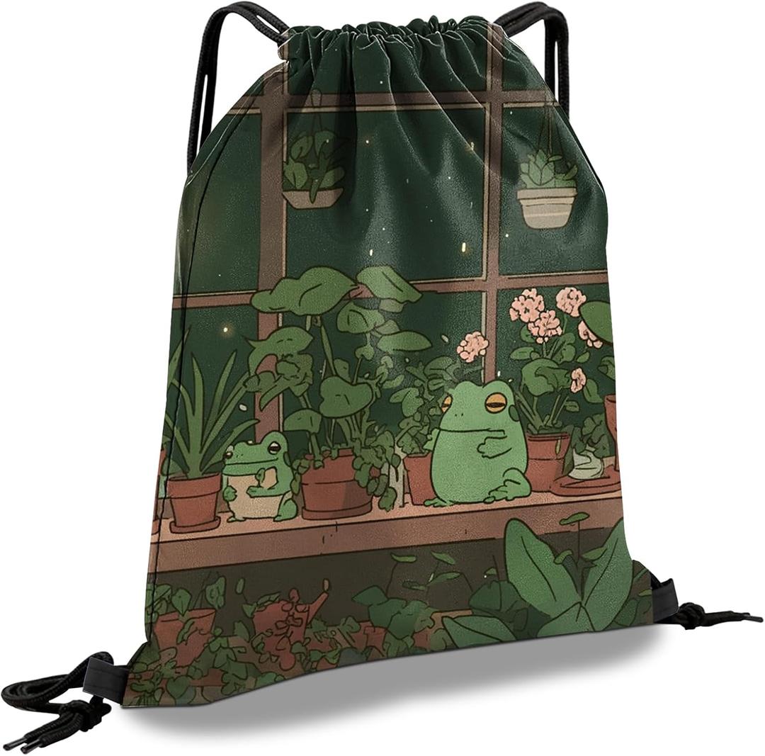 Drawstring Backpack Draw String Sports Bags for Gym Travel Beach Waterproof Cute Sackpack Men Women Aesthetic (13"17")-Frog