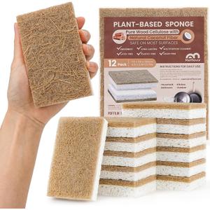 Metflavor 12 Pack Natural Kitchen Sponges, Biodegradable Non-Scratch Cellulose Sponge with Coconut Scrubber for Dishes, Compostable, Non Toxic Cleaning Sponges for Kitchen, Bathroom, Household
