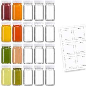 20 Pack 2 oz Glass Shot Bottles w/ White Lids & 20 Labels - Small Clear Jar for Ginger, Wellness Shot, Juice, Sample, Whiskey - Travel Essentials Mini Bottles - Wide Mouth, Leakproof, Dishwasher Safe