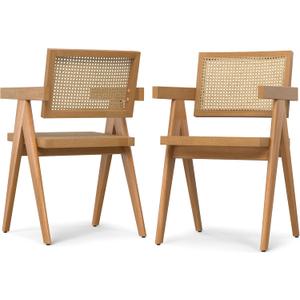 SIMPLIHOME Regina Dining Chairs - Mid-Century Modern Solid Beechwood and Rattan Arm Chair Set in Natural, Dining Room Seating with Open Frame, Curved Arms and Woven Seat and Backrest (Set of 2)