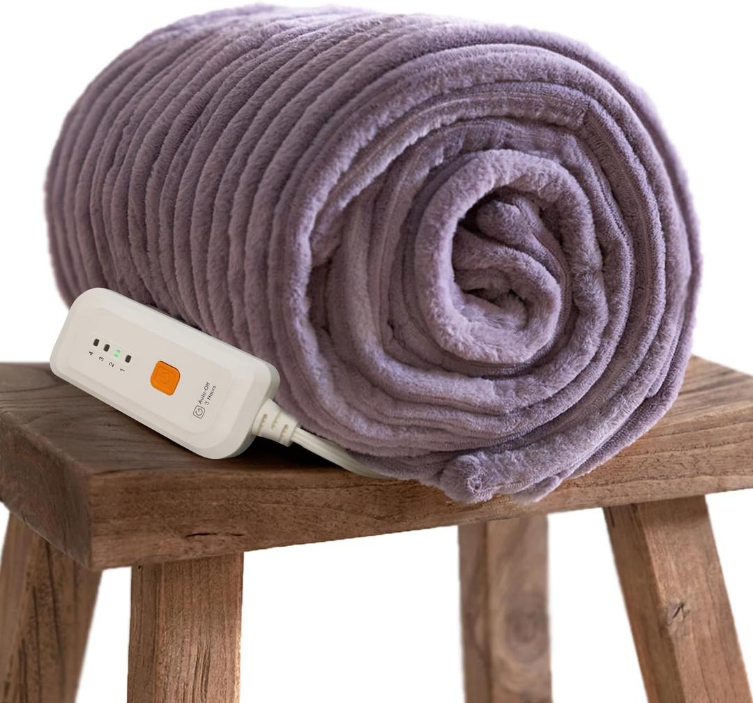 GOTCOZY Electric Blanket Heated Throw 50''X60''- Ribbed Faux Fur Heated Blanket with 4 Heating Level & 3 Hour Auto Off Heating Blanket, ETL&FCC Certified Machine Washable(Violet)
