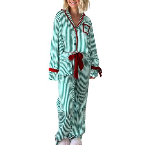 Argeousgor Women Christmas Satin Pajamas Striped 2 Piece Pjs Set Long Sleeve Button Down Shirt Bow Tie Shorts Sleepwear A-green, Medium