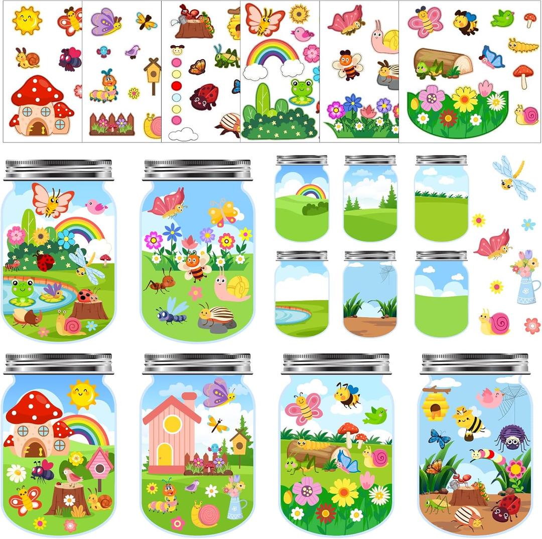 24Set Spring Craft Kits for Kids Make A Summer Bugs Stickers Scene, DIY Summer Craft Jar Sticker Butterfly Flower Bee Mushroom Insect Bulk Set Make Your Own Scene for Home Classroom Game Activities