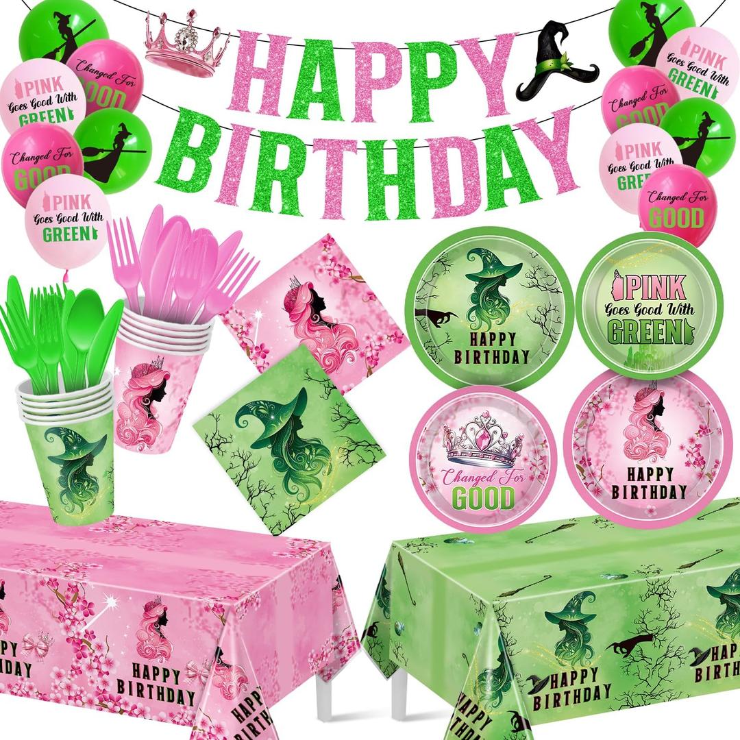 Pink and Green Birthday Party Decorations 207pcs Disposable Paper Plates & Napkins Set for 24 Guests - Includes Happy Birthday Banner & Cartoon Tablecloth