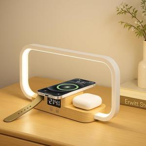 LED Bedside Lamp with Wireless Charger, 3 in 1 Touch Control Bedside Lamp, 5 Color Mode & Dimmable, Desk Lamps with Clock for Nightstand, Table Night Lamp for Bedroom, Gifts for Women, Men, Friends (Wood)