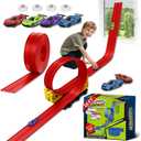 Flex Race Track 16 Ft with Suction Cups Compatible with Diecast 1/64th Cars, Flexible Car Track Toys for Ages 3+ Kids Toddlers Roll Out Portable Racetrack (Red)