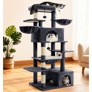 Cat Tree Large Cat Tower Tree 68" Multi-Level Cat Tower for Indoor Cats with Sisal Scratching Posts, Widen Cat Perche, Square Hammock, 2 Widen Condos, Scratching Posts, Grey