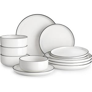 MALACASA Plates and Bowls Sets, 12 Pieces Modern Porcelain Dinnerware Set for 4 White Kitchen Dinner Dining Ware Set wtih Black Rim Ceramic Dishware Dishes Microwave and Dishwasher Safe, Series LUNA