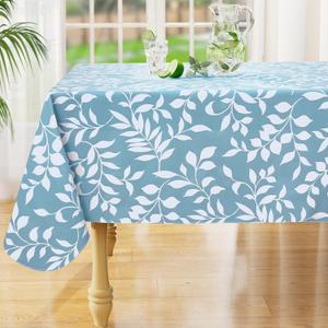 Misaya Rectangle Waterproof Vinyl Table Cloth, Wipeable Tablecloth with Flannel Backing, Plastic Table Cover for Dinner, Picnic, Indoor and Outdoor (Blue Leaves, 52" x 70")