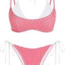 ZAFUL Women's Polka Dot Bikini Set Double Layer Halter Swimsuit Colorblock Side Tie 2 Piece Bathing Suit (Large, 0-red Plaid)