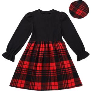 Girls Fall Winter Dress Plaid Ribbed Ruffle Long Sleeve Dress with Beret Hat 2Pcs Girls Casual Party Dresses for 6-12 Years